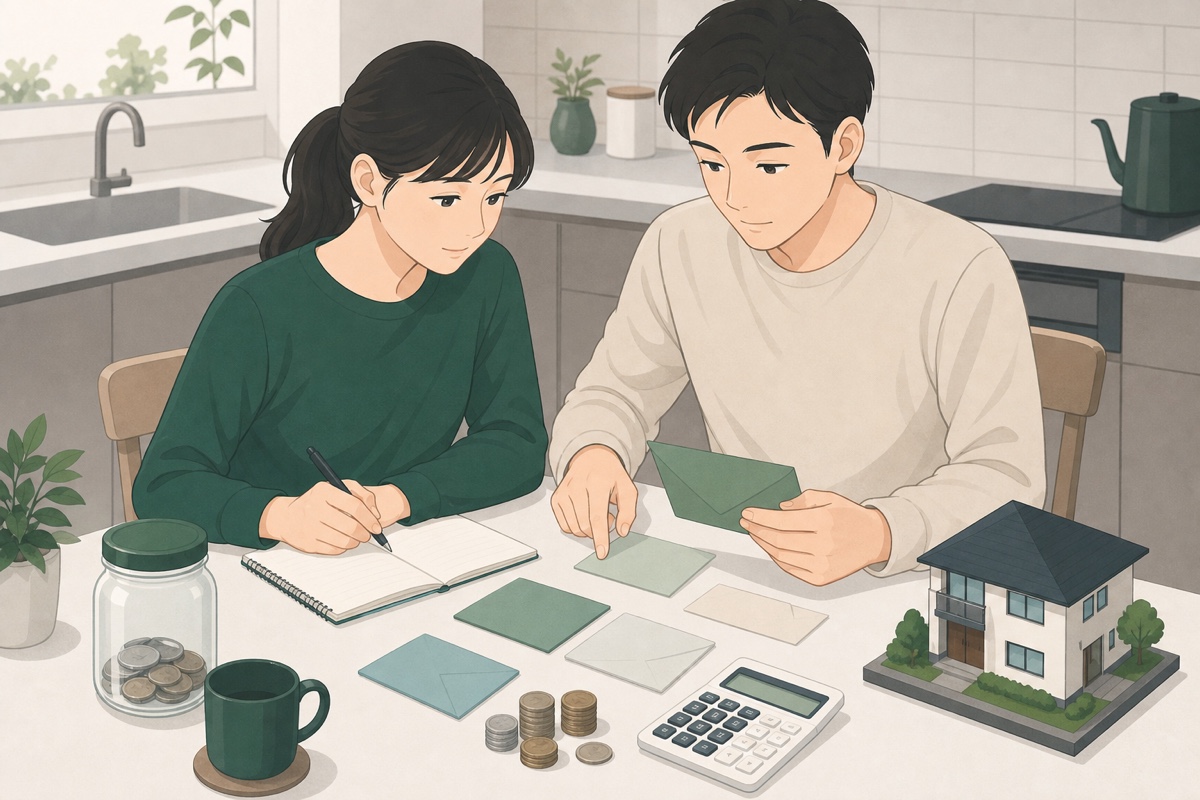 住宅購入の予算と自己資金を整理する夫婦のイラスト