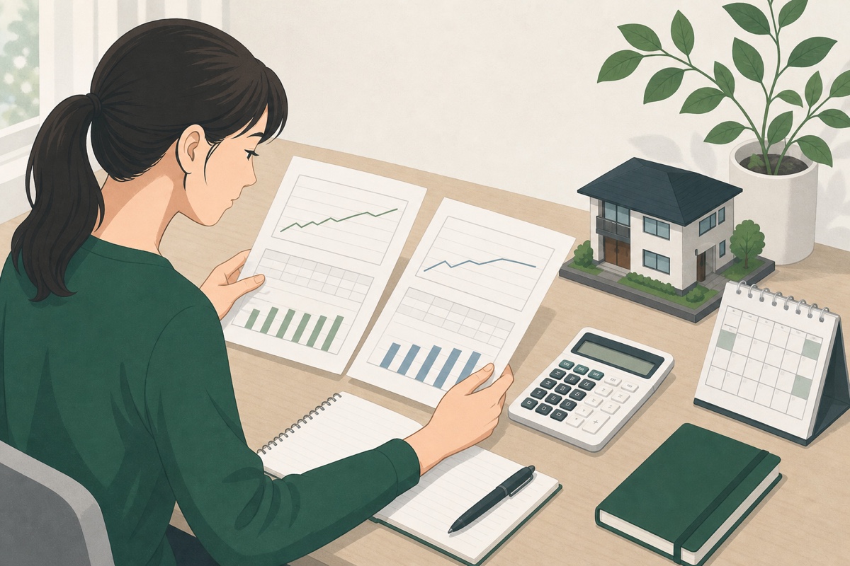 住宅模型、電卓、金利推移を見ながら返済計画を考える人のイラスト