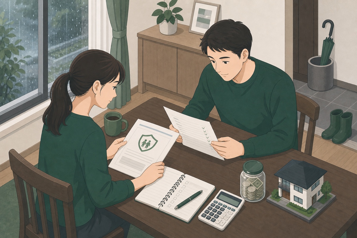 家計資料と住宅模型を前に返済リスクへの備えを考える夫婦のイラスト