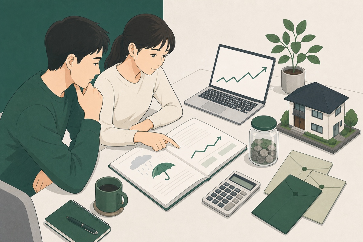 収入減と金利上昇に備える家計計画を確認する夫婦のイラスト