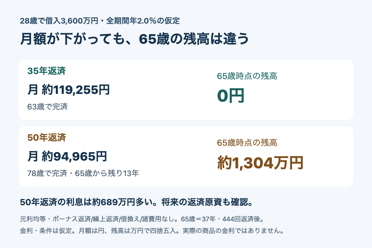 28歳で3600万円を全期間年2.0%で借りる仮定。35年は月約119255円で63歳完済、65歳残高0円。50年は月約94965円で78歳完済、65歳残高約1304万円、残り13年。元利均等、ボーナス・繰上・借換・諸費用なし。