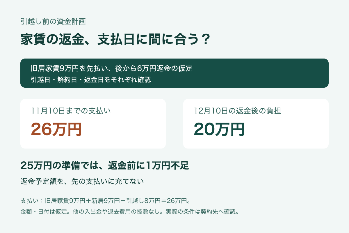 旧居家賃9万円、新居支払い9万円、引越し8万円で11月10日までに26万円必要。12月10日に家賃6万円が戻り最終負担20万円でも、準備25万円では返金前に1万円不足する仮定。他の入出金や退去費用控除なし。